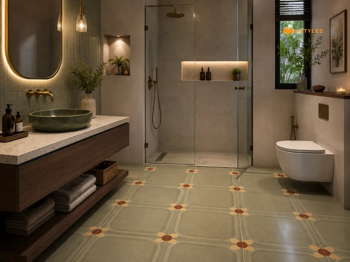 Green Athangudi Floor Tile in Bathroom